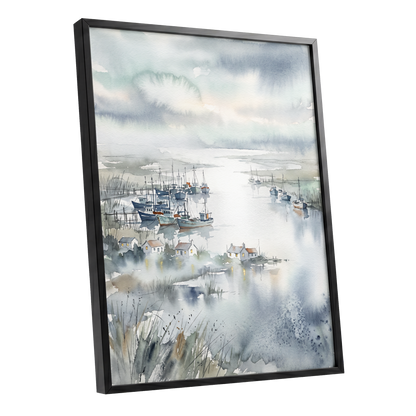 Harbour After Rain, blue, gray, white nature wall art shown as a black framed poster wall art print