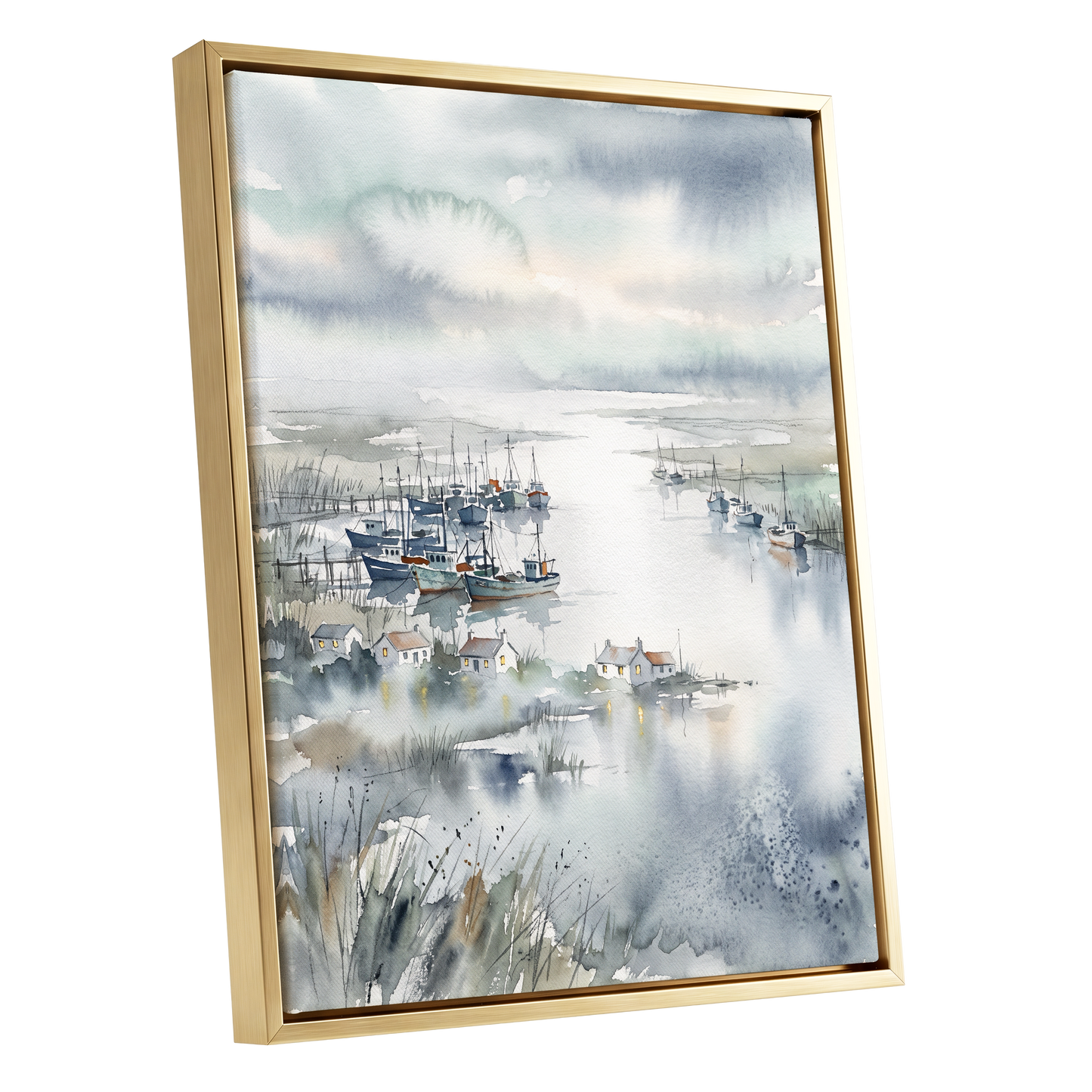 Harbour After Rain, blue, gray, white nature wall art shown as a gold framed canvas wall art