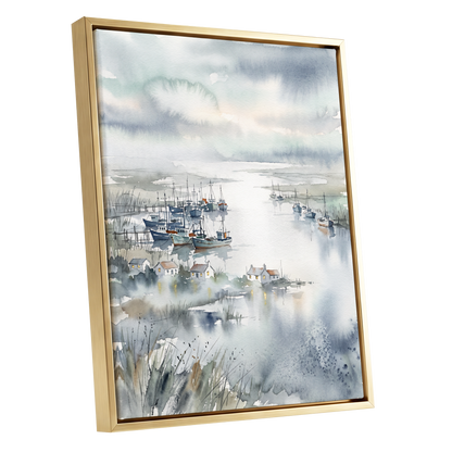 Harbour After Rain, blue, gray, white nature wall art shown as a gold framed canvas wall art