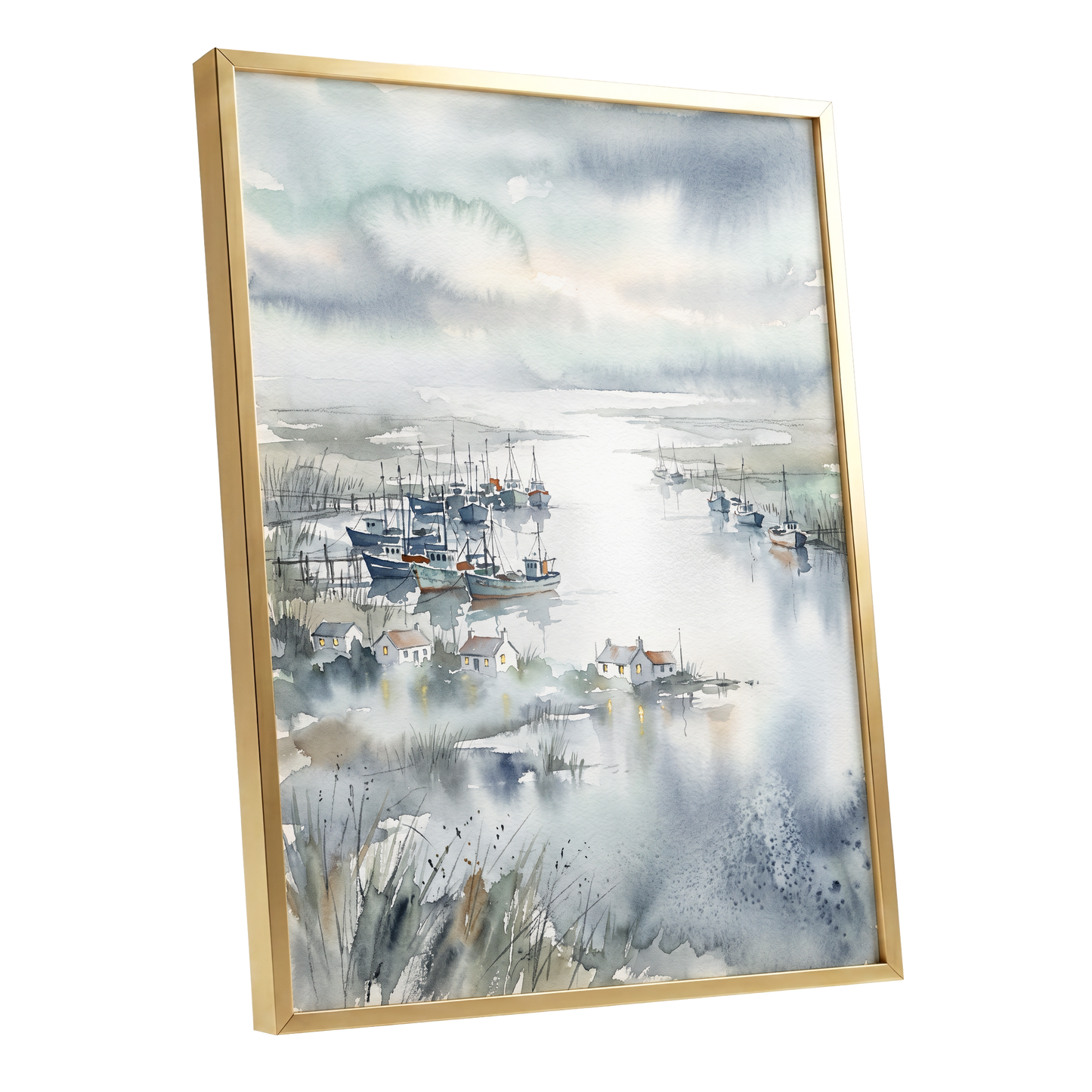 Harbour After Rain, blue, gray, white nature wall art shown as a gold framed poster wall art print