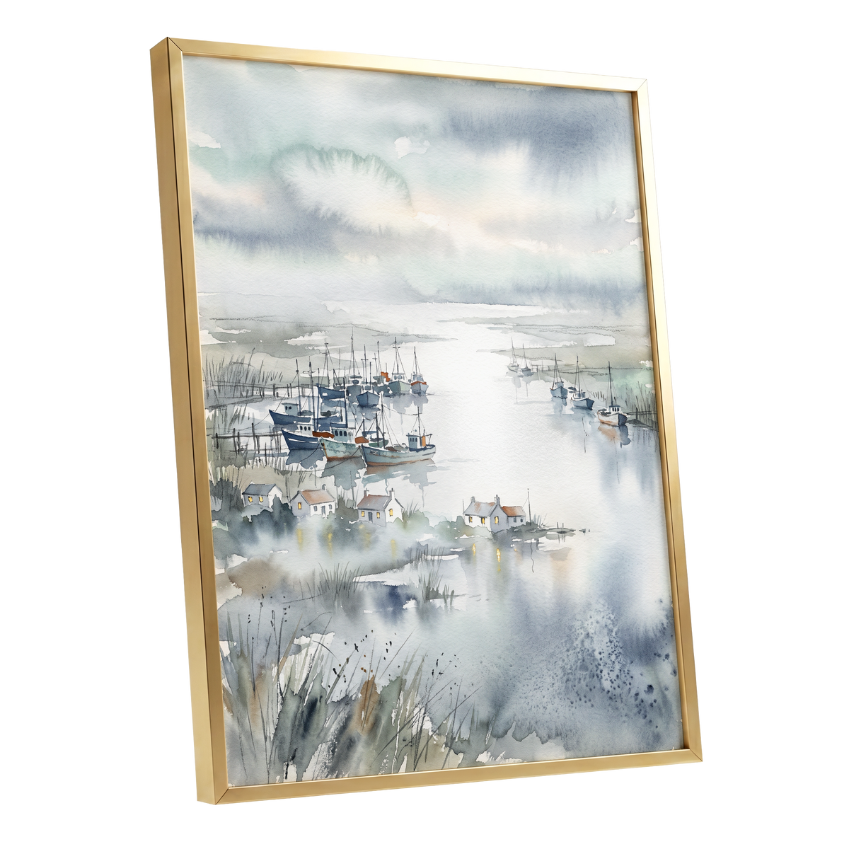 Harbour After Rain, blue, gray, white nature wall art shown as a gold framed poster wall art print