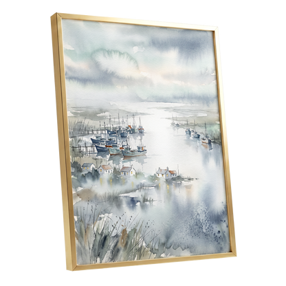 Harbour After Rain, blue, gray, white nature wall art shown as a gold framed poster wall art print