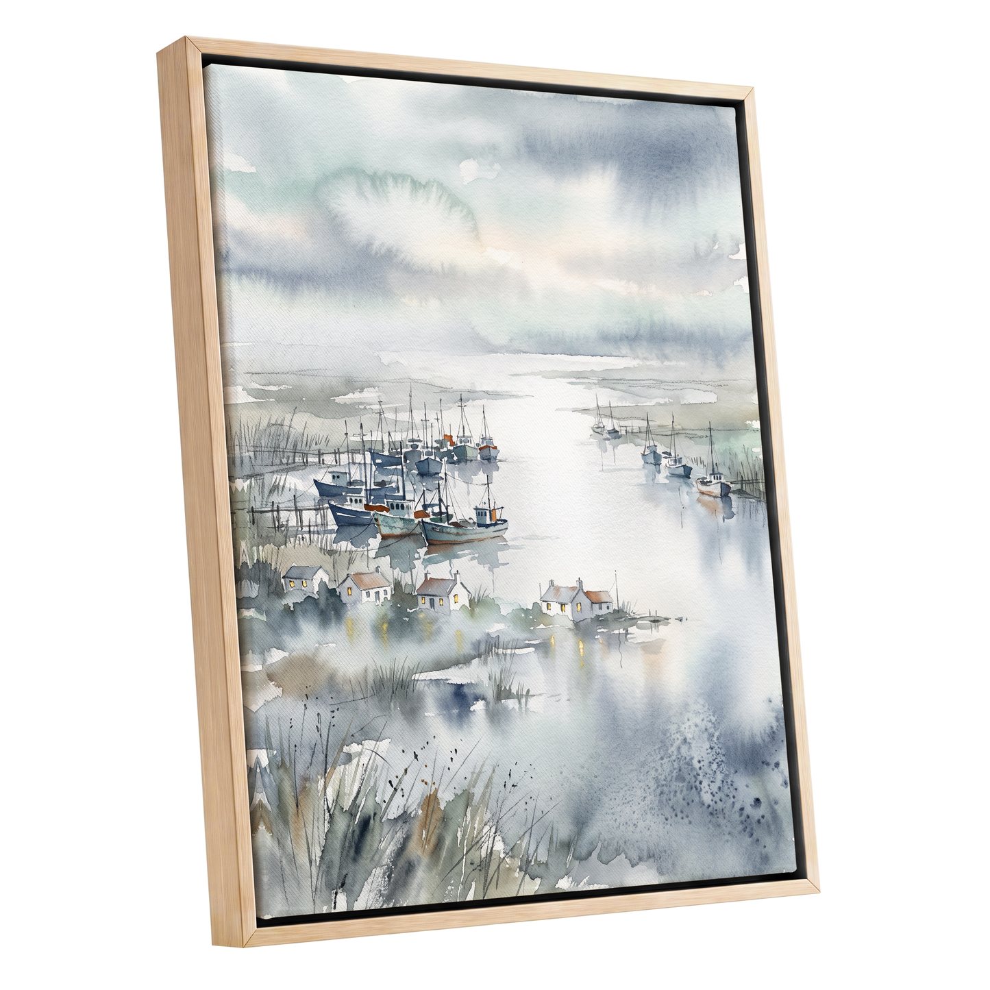 Harbour After Rain, blue, gray, white nature wall art shown as a oak framed canvas wall art