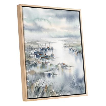Harbour After Rain, blue, gray, white nature wall art shown as a oak framed canvas wall art