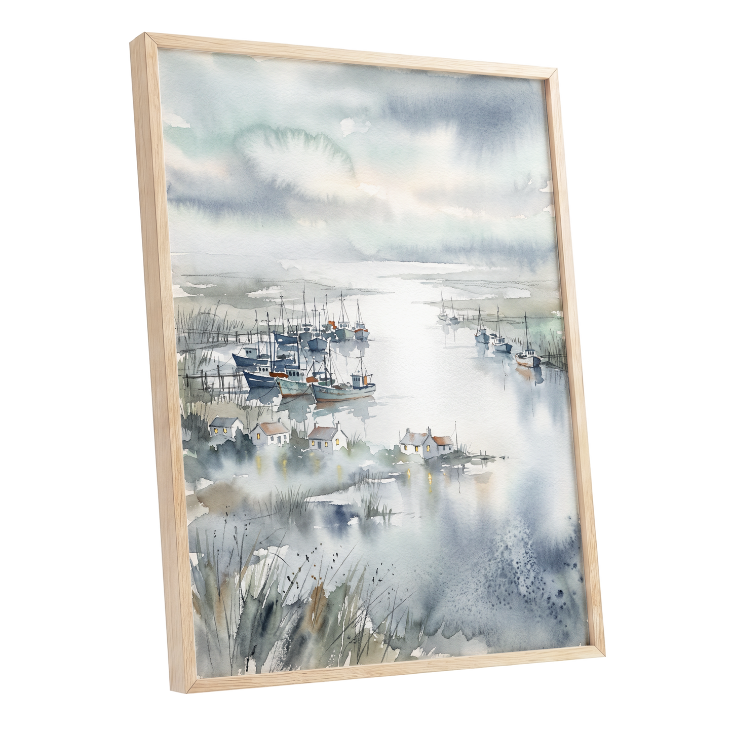 Harbour After Rain, blue, gray, white nature wall art shown as a oak framed poster wall art print