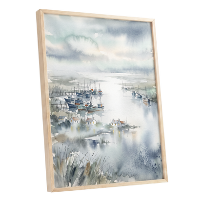 Harbour After Rain, blue, gray, white nature wall art shown as a oak framed poster wall art print