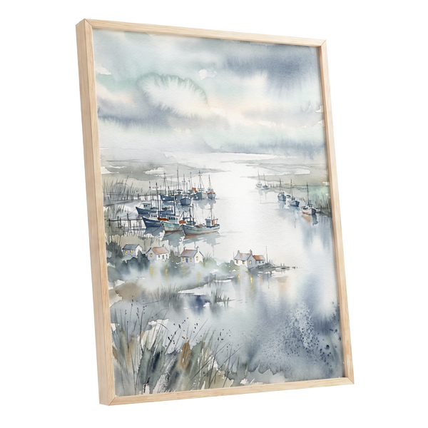 Harbour After Rain, blue, gray, white nature wall art shown as a oak framed poster wall art print