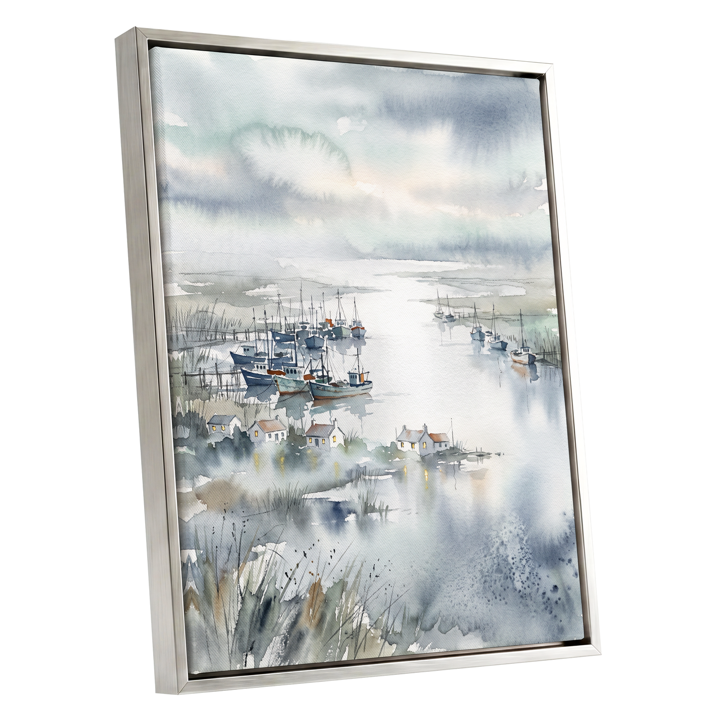 Harbour After Rain, blue, gray, white nature wall art shown as a silver framed canvas wall art