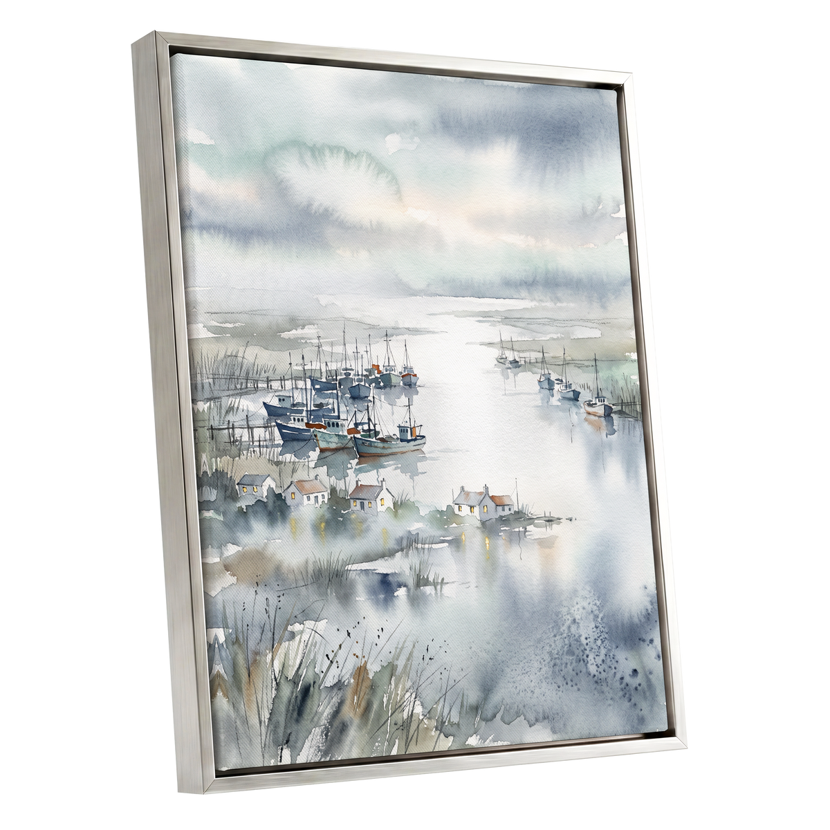 Harbour After Rain, blue, gray, white nature wall art shown as a silver framed canvas wall art