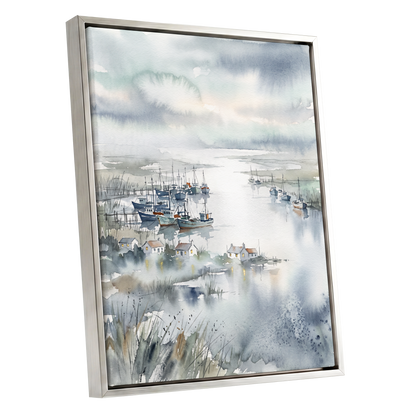 Harbour After Rain, blue, gray, white nature wall art shown as a silver framed canvas wall art