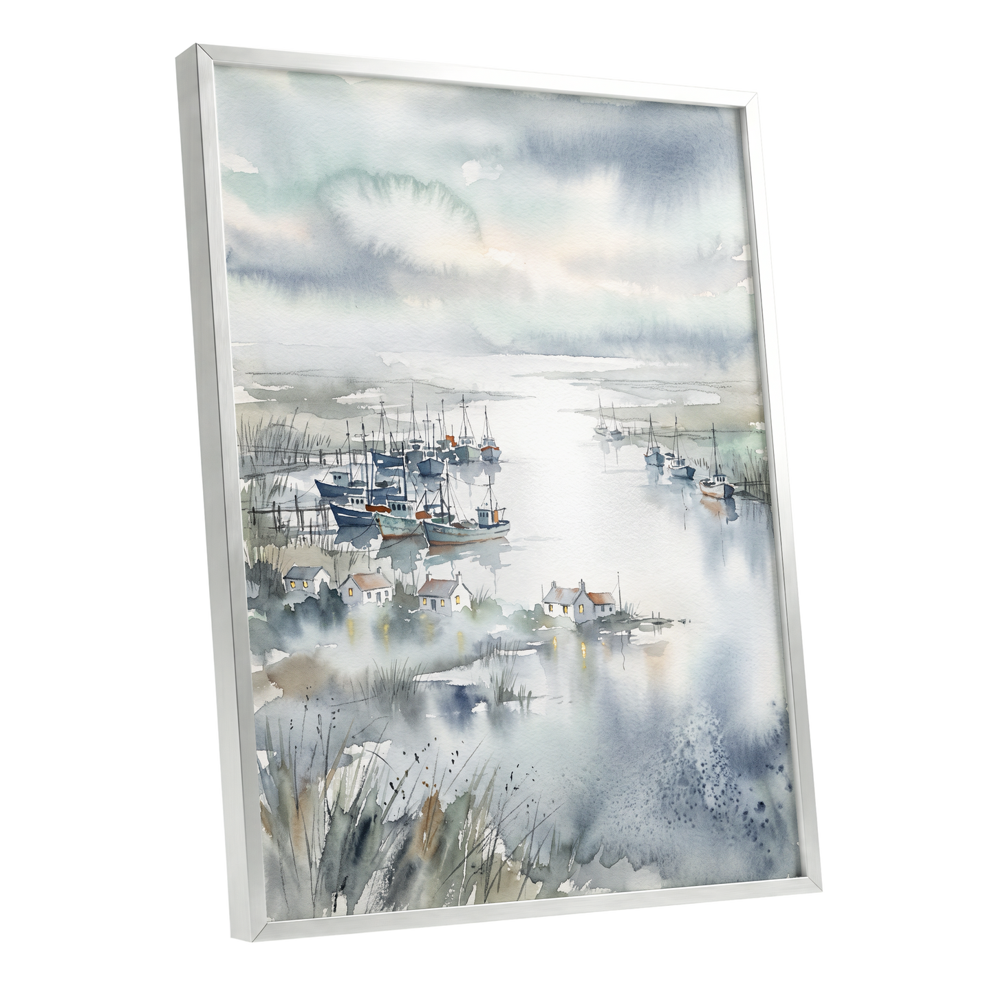 Harbour After Rain, blue, gray, white nature wall art shown as a silver framed poster wall art print