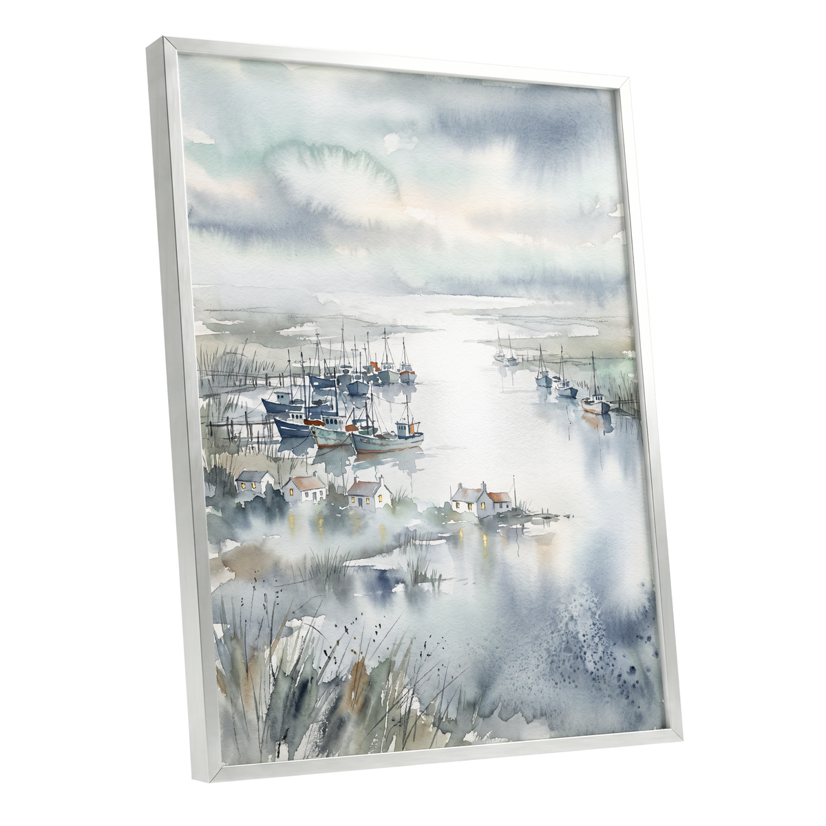 Harbour After Rain, blue, gray, white nature wall art shown as a silver framed poster wall art print