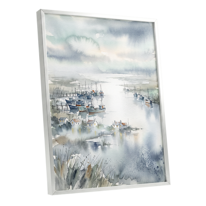 Harbour After Rain, blue, gray, white nature wall art shown as a silver framed poster wall art print
