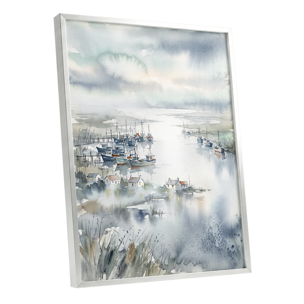 Harbour After Rain, blue, gray, white nature wall art shown as a silver framed poster wall art print