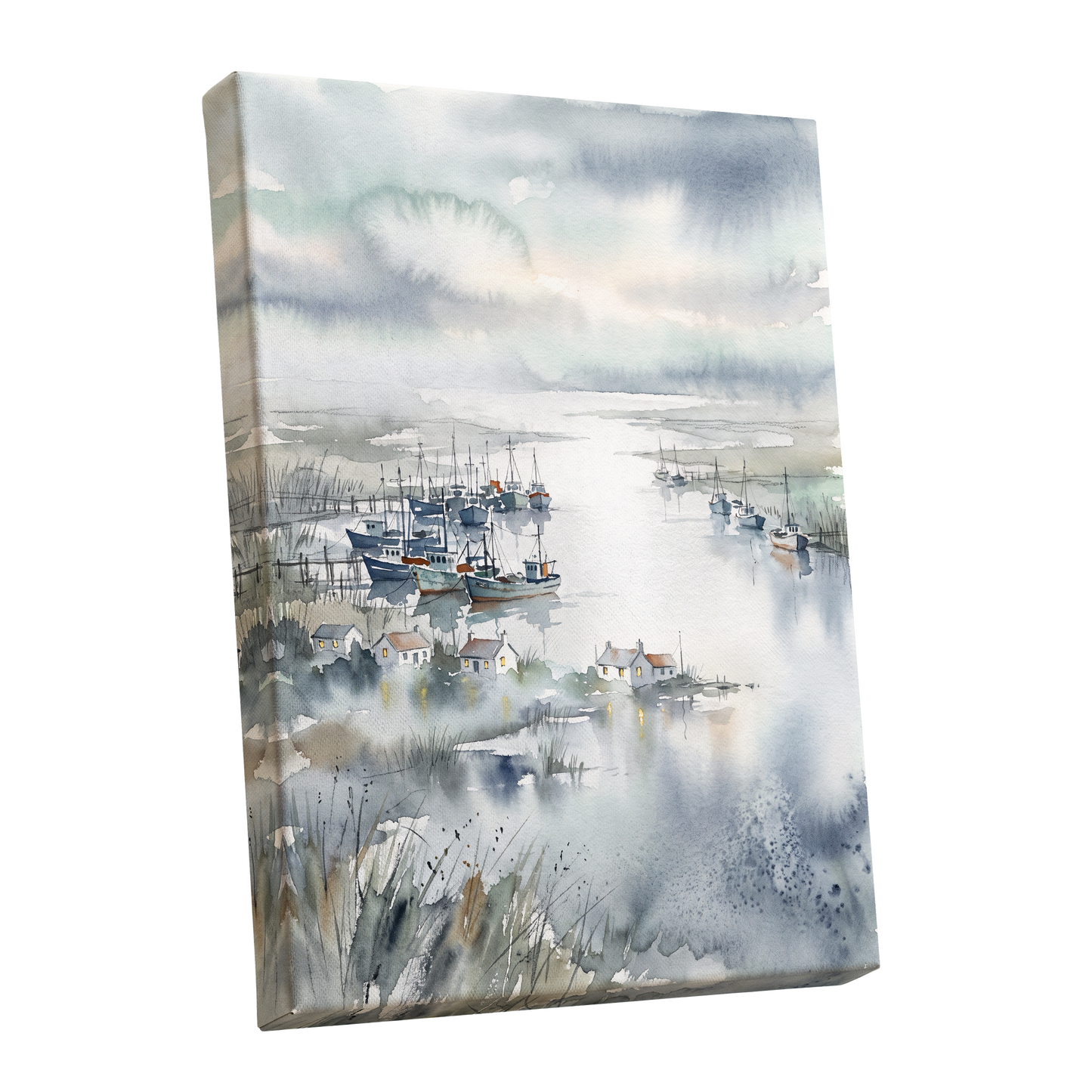 Harbour After Rain, blue, gray, white nature wall art shown as a stretched canvas wall art