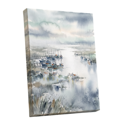 Harbour After Rain, blue, gray, white nature wall art shown as a stretched canvas wall art