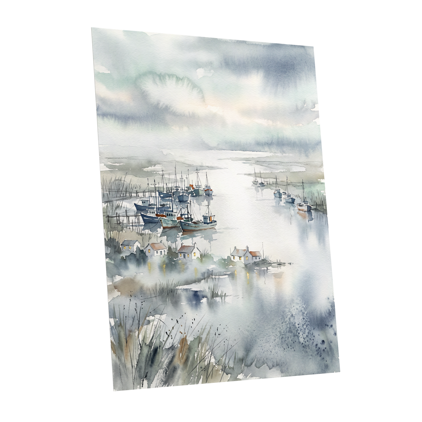 Harbour After Rain, blue, gray, white nature wall art shown as a unframed poster wall art print