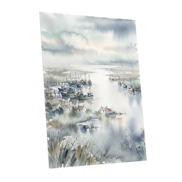 Harbour After Rain, blue, gray, white nature wall art shown as a unframed poster wall art print