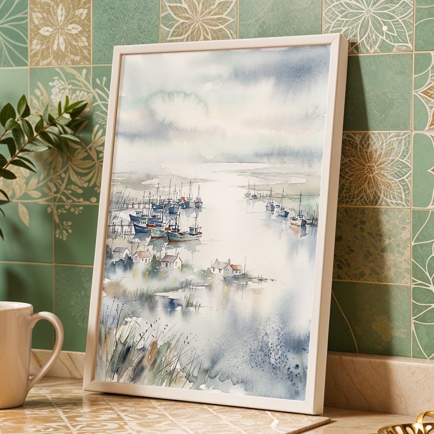 Harbour After Rain, blue, gray, white nature wall art displayed in a styled interior, gallery view 2