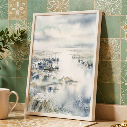 Harbour After Rain, blue, gray, white nature wall art displayed in a styled interior, gallery view 2