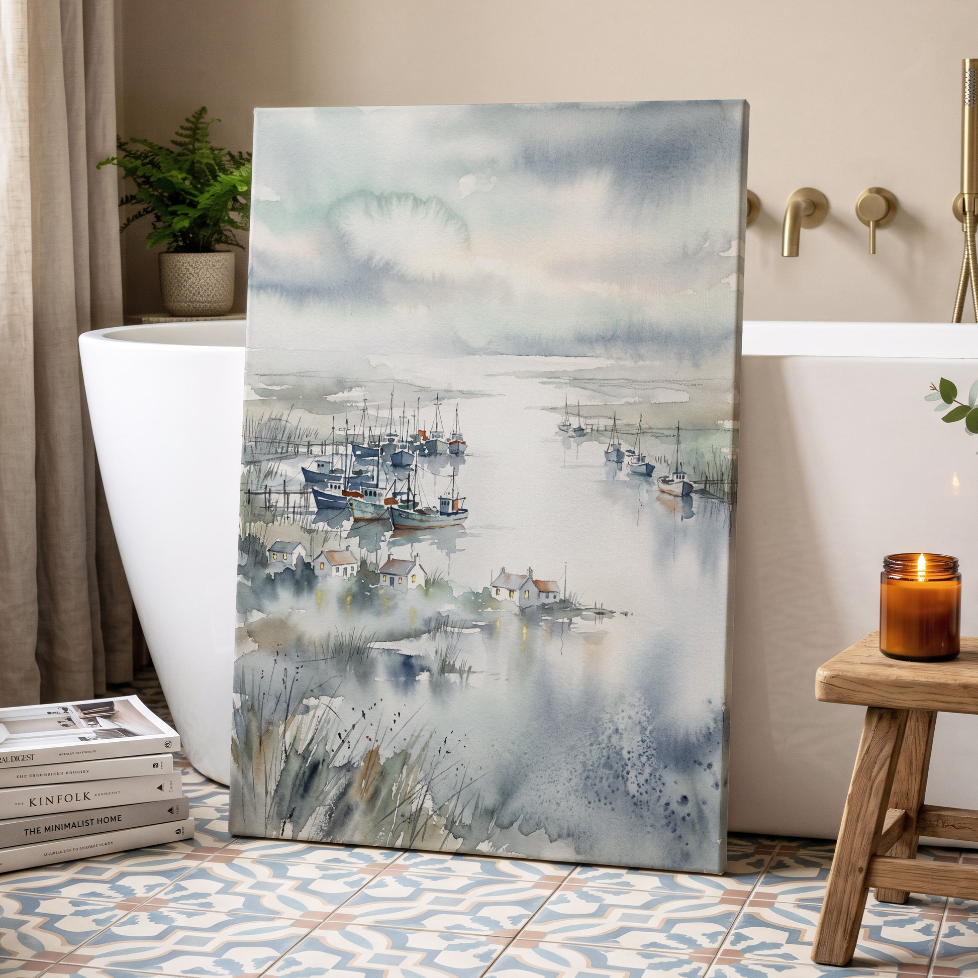 Harbour After Rain, blue, gray, white nature wall art displayed in a styled interior, gallery view 3