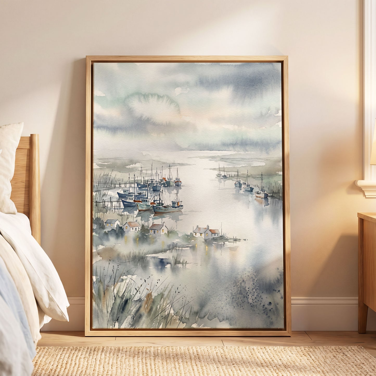 Harbour After Rain, blue, gray, white nature wall art displayed in a styled interior, gallery view 4