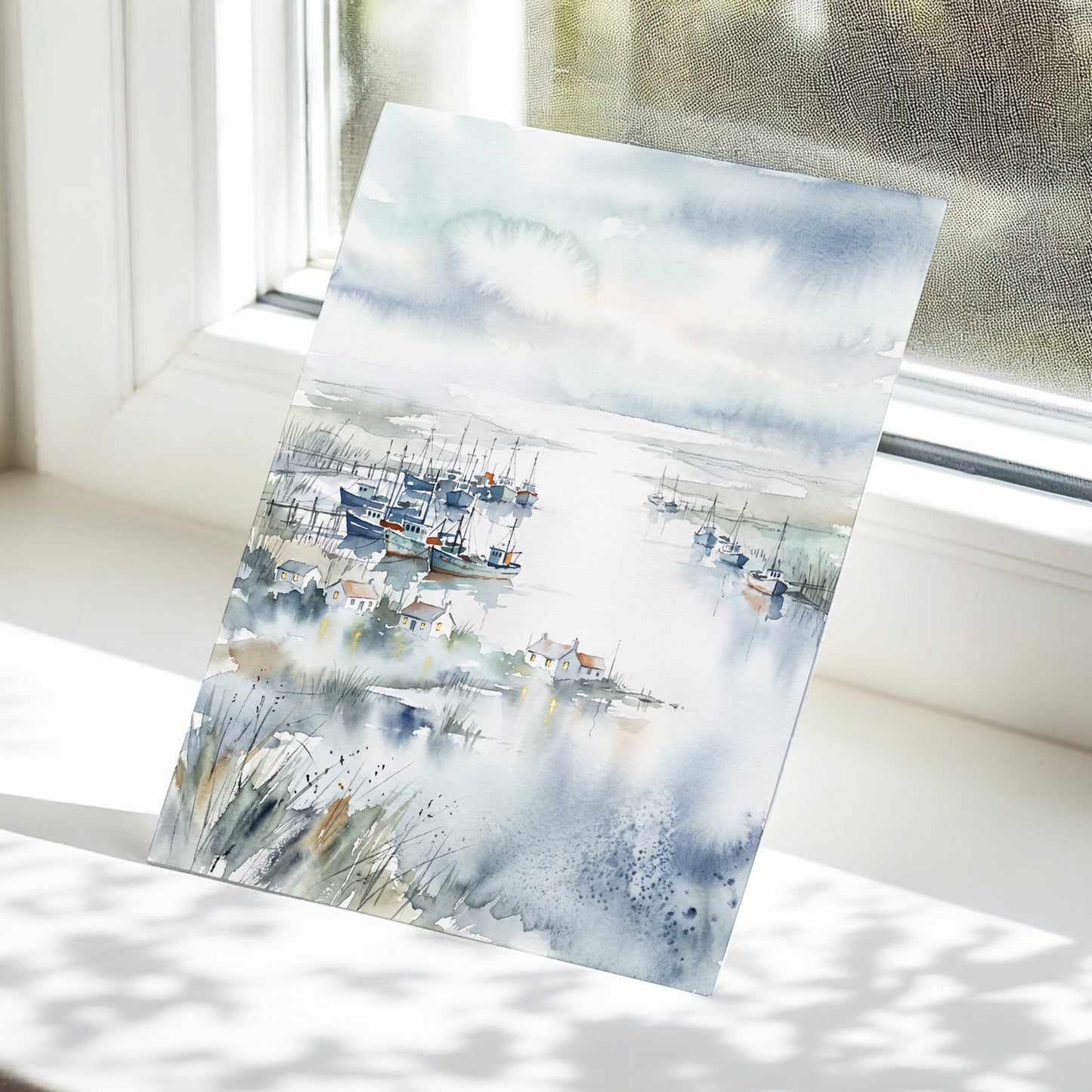 Harbour After Rain, blue, gray, white nature wall art displayed in a styled interior, gallery view 5