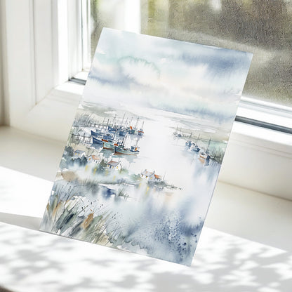 Harbour After Rain, blue, gray, white nature wall art displayed in a styled interior, gallery view 5
