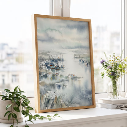 Harbour After Rain, blue, gray, white nature wall art displayed in a styled interior, gallery view 6