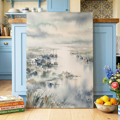 Harbour After Rain, blue, gray, white nature wall art displayed in a styled interior, gallery view 7