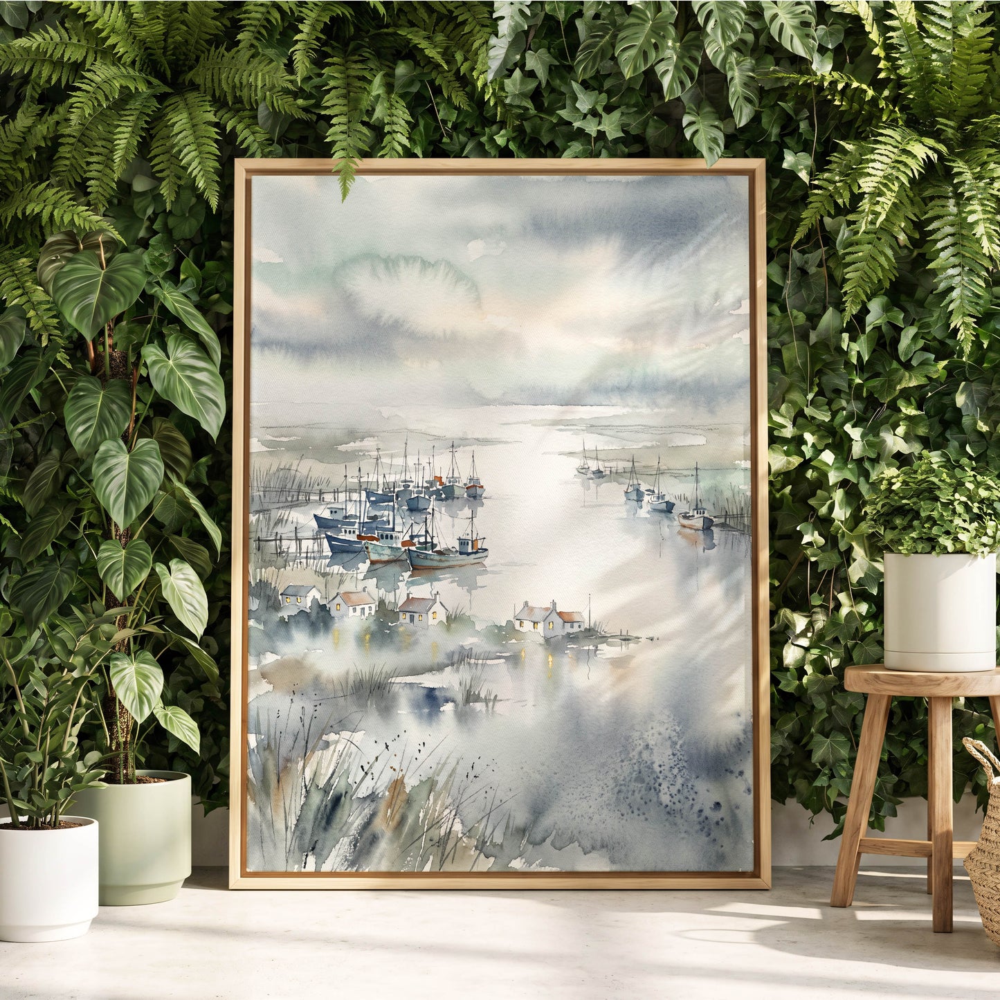 Harbour After Rain, blue, gray, white nature wall art displayed in a styled interior, gallery view 8