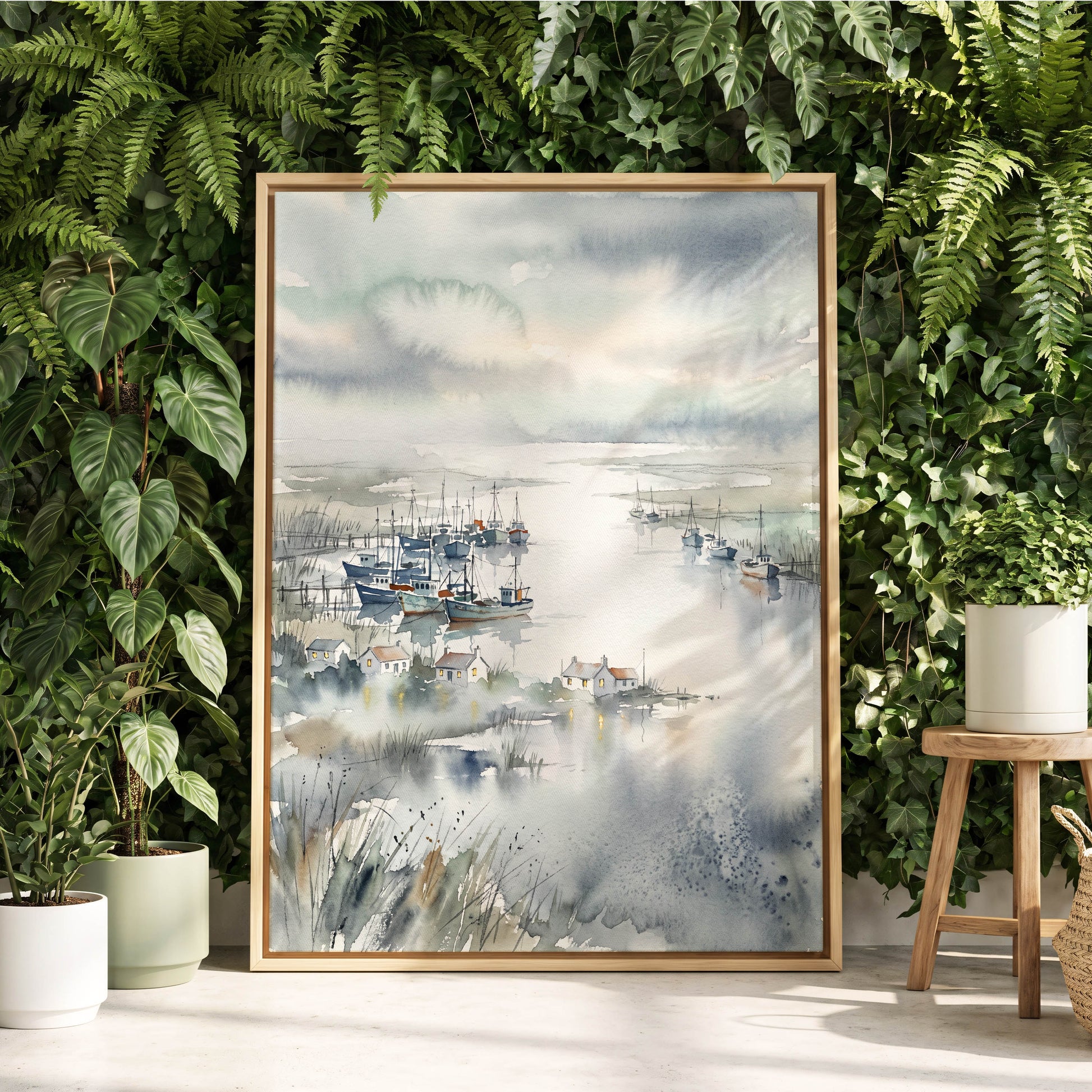 Harbour After Rain, blue, gray, white nature wall art displayed in a styled interior, gallery view 8