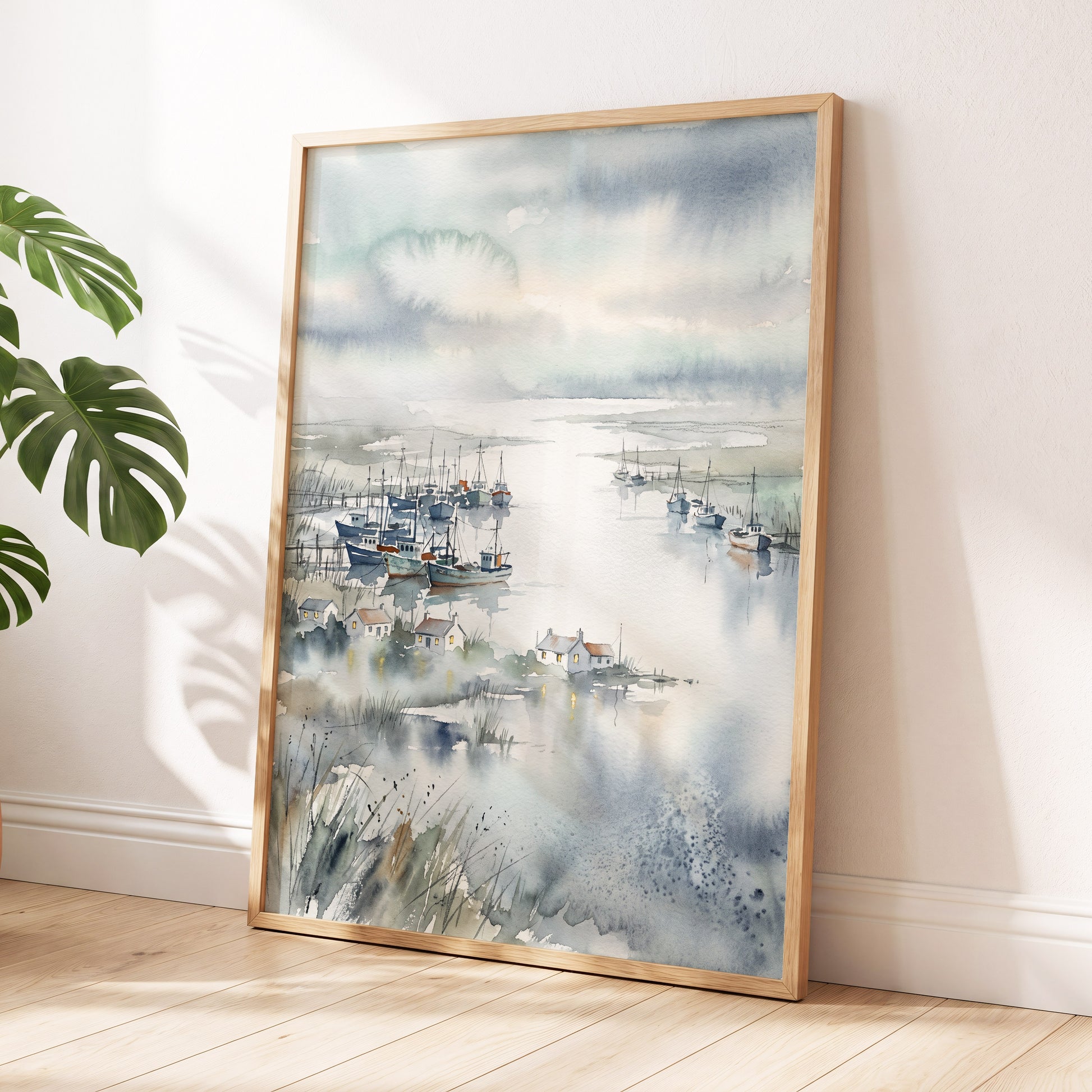 Harbour After Rain, blue, gray, white nature wall art displayed in a styled interior, gallery view 9
