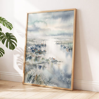 Harbour After Rain, blue, gray, white nature wall art displayed in a styled interior, gallery view 9