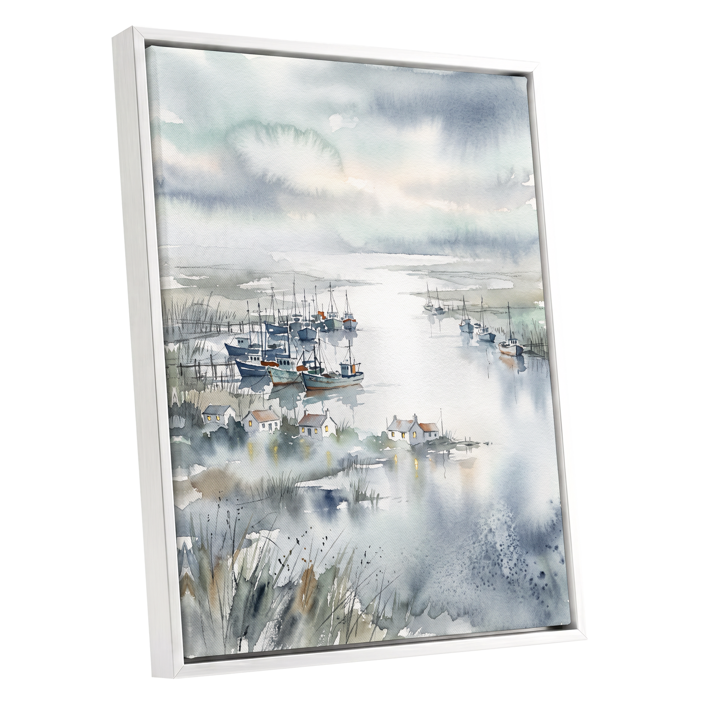 Harbour After Rain, blue, gray, white nature wall art shown as a white framed canvas wall art