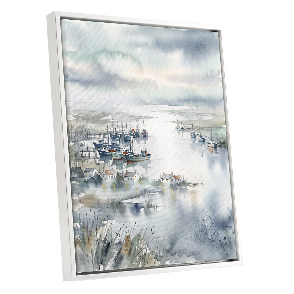 Harbour After Rain, blue, gray, white nature wall art shown as a white framed canvas wall art