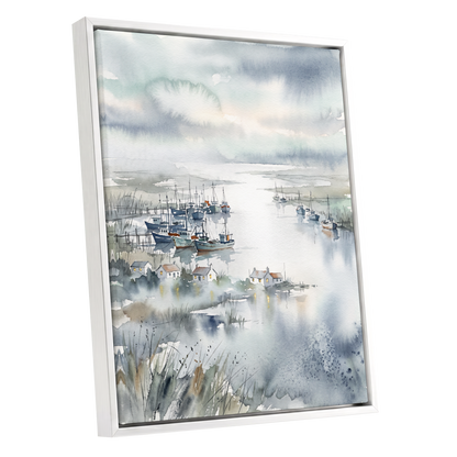 Harbour After Rain, blue, gray, white nature wall art shown as a white framed canvas wall art