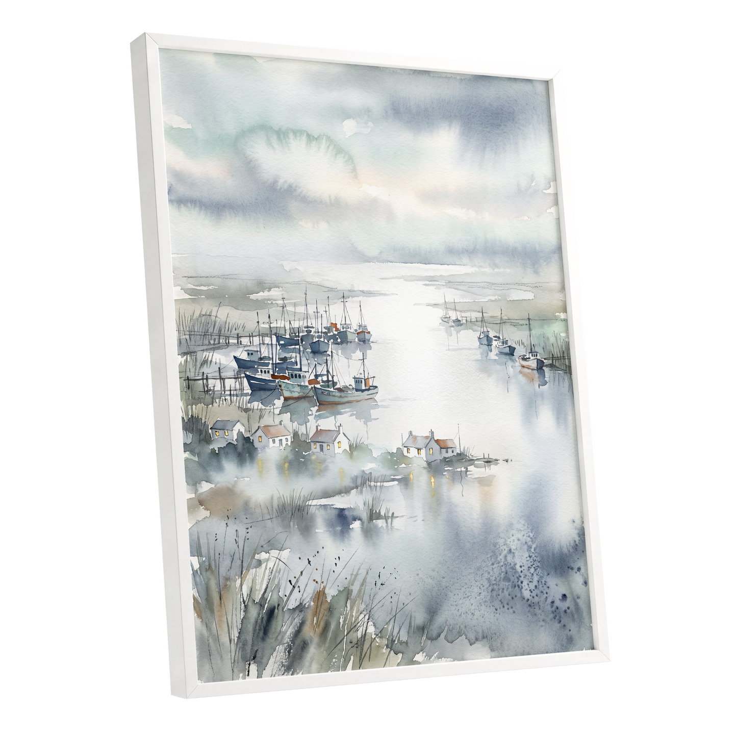 Harbour After Rain, blue, gray, white nature wall art shown as a white framed poster wall art print
