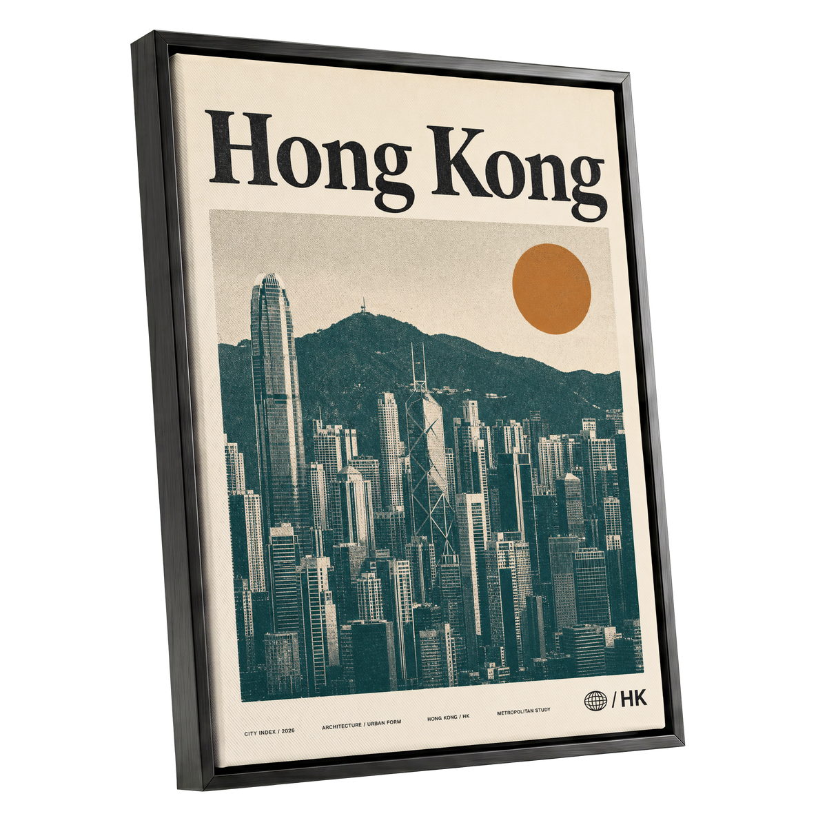 Harbour City Index, green, beige, orange minimalist wall art shown as a black framed canvas wall art