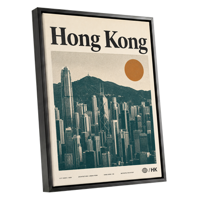 Harbour City Index, green, beige, orange minimalist wall art shown as a black framed canvas wall art