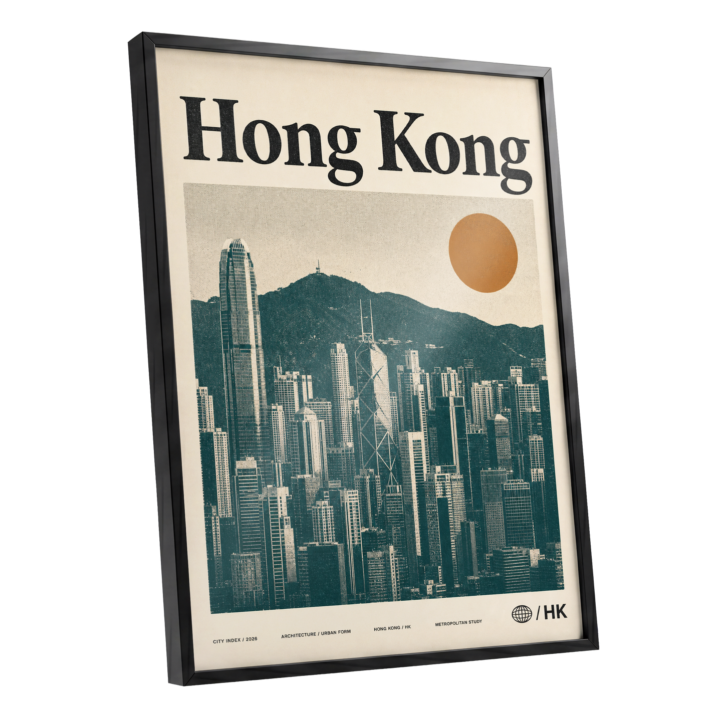Harbour City Index, green, beige, orange minimalist wall art shown as a black framed poster wall art print