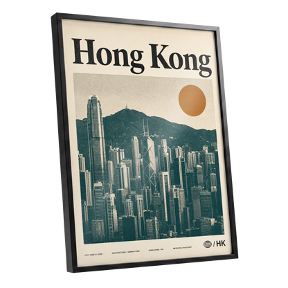 Harbour City Index, green, beige, orange minimalist wall art shown as a black framed poster wall art print