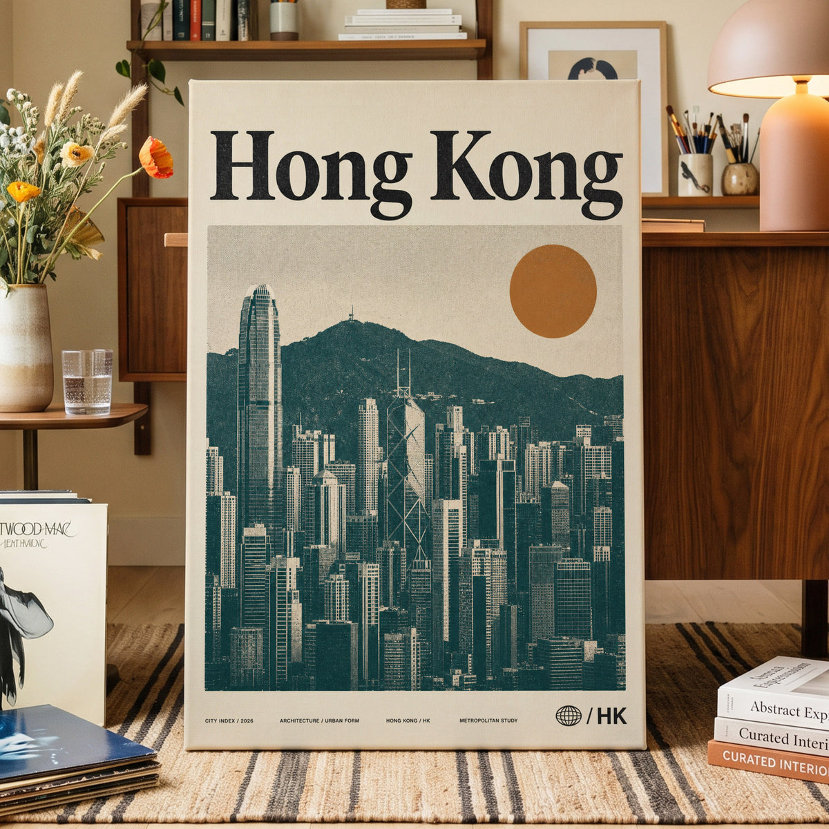 Harbour City Index, green, beige, orange minimalist wall art on canvas displayed in a styled interior, gallery view 1