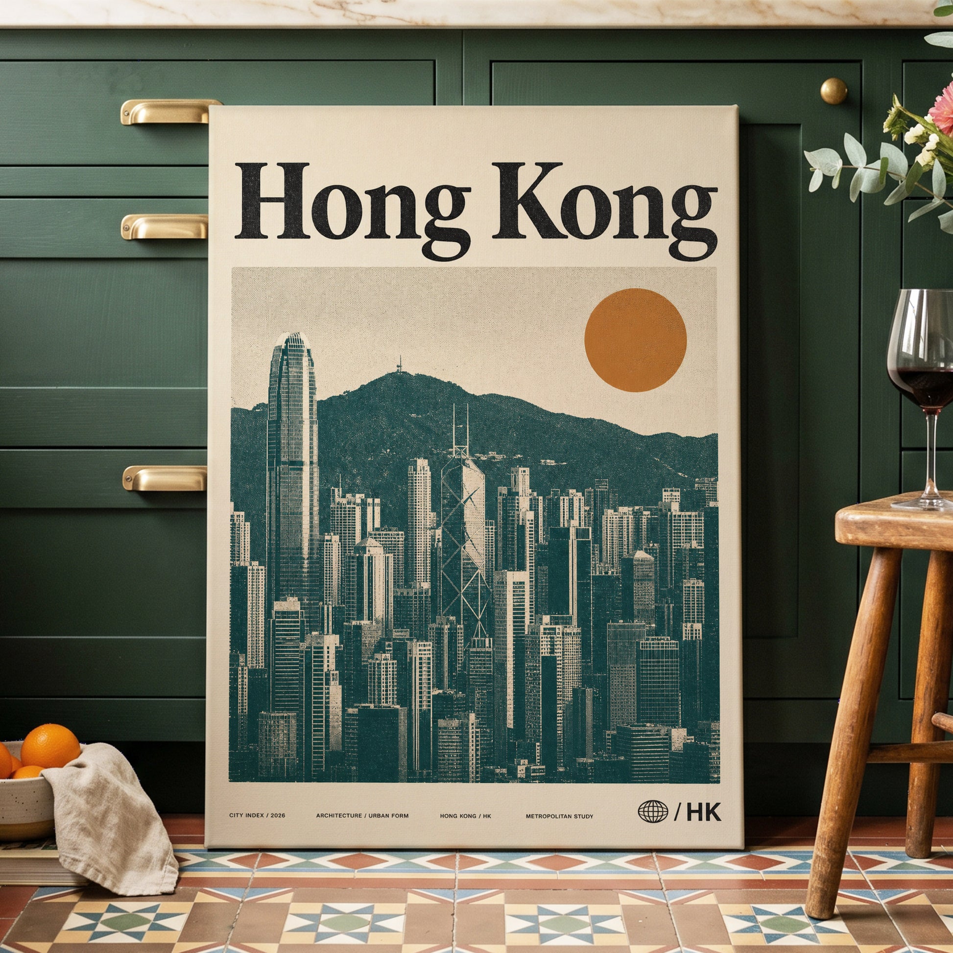 Harbour City Index, green, beige, orange minimalist wall art on canvas displayed in a styled interior, gallery view 2