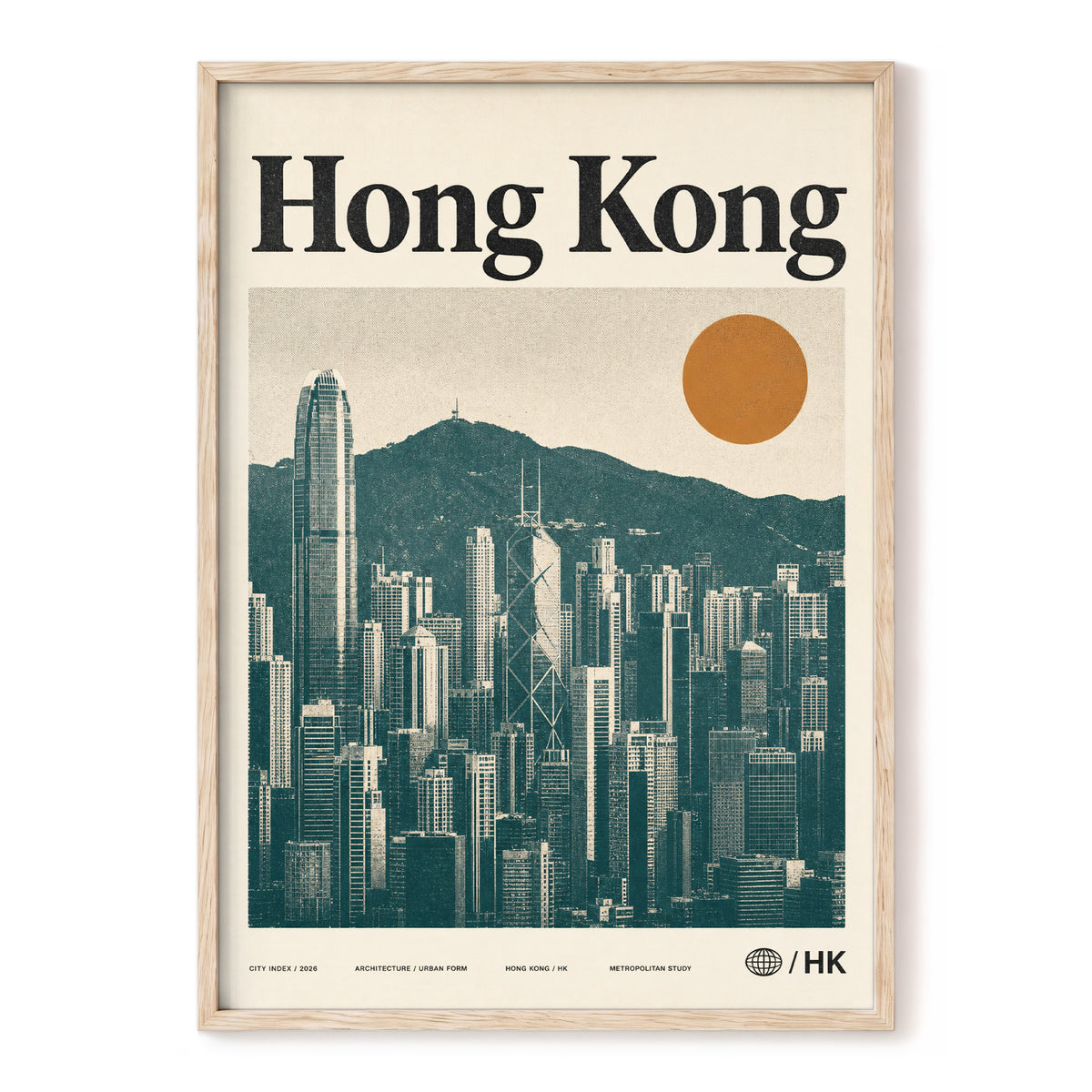 Harbour City Index, green, beige, orange minimalist wall art, front artwork view