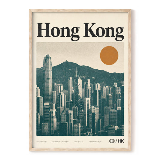 Harbour City Index, green, beige, orange minimalist wall art, front artwork view