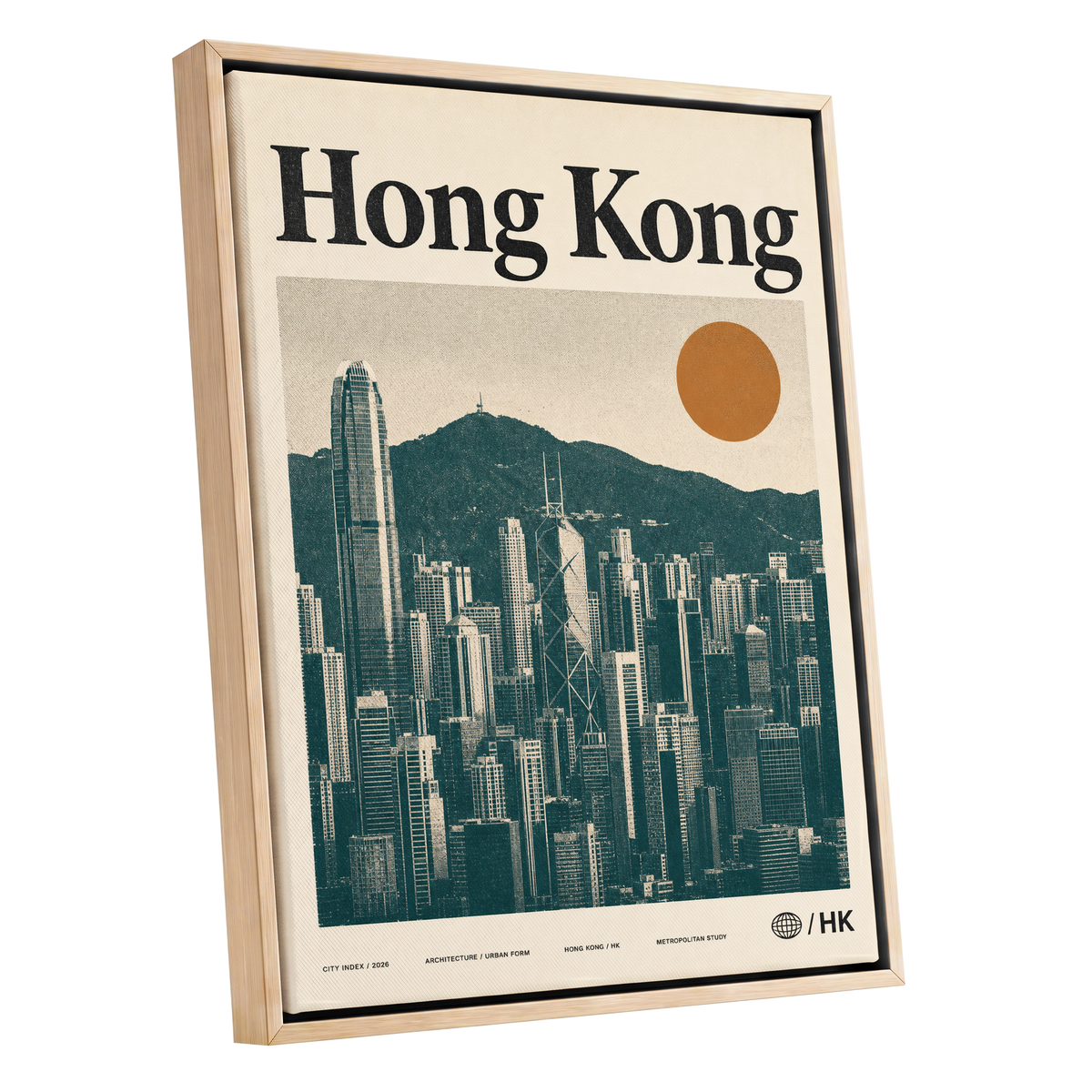 Harbour City Index, green, beige, orange minimalist wall art shown as a oak framed canvas wall art