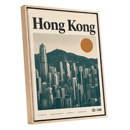 Harbour City Index, green, beige, orange minimalist wall art shown as a oak framed canvas wall art