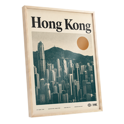 Harbour City Index, green, beige, orange minimalist wall art shown as a oak framed poster wall art print