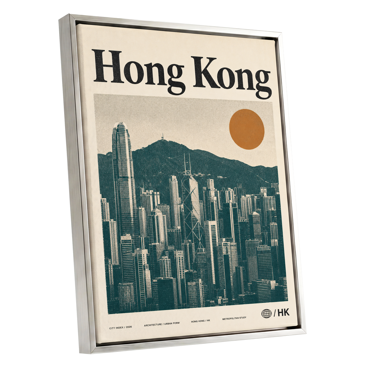 Harbour City Index, green, beige, orange minimalist wall art shown as a silver framed canvas wall art